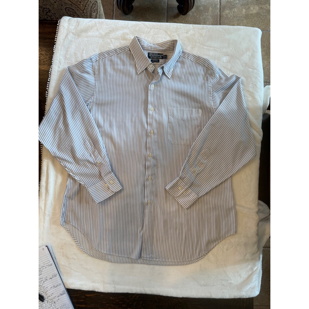 Polo Ralph Lauren Warwick Mens 17 34/35 Blue White Striped Cotton Dress Shirt